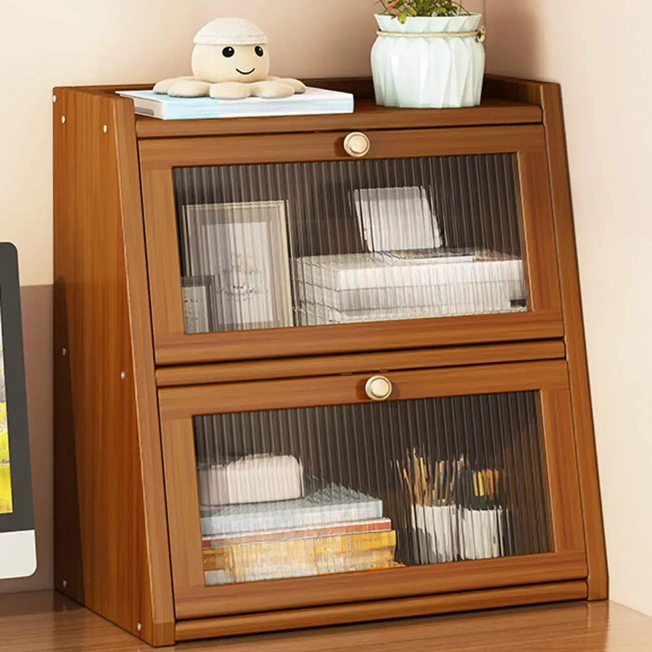 Compact Wood Step Bookcase with Glass Doors Image - 3