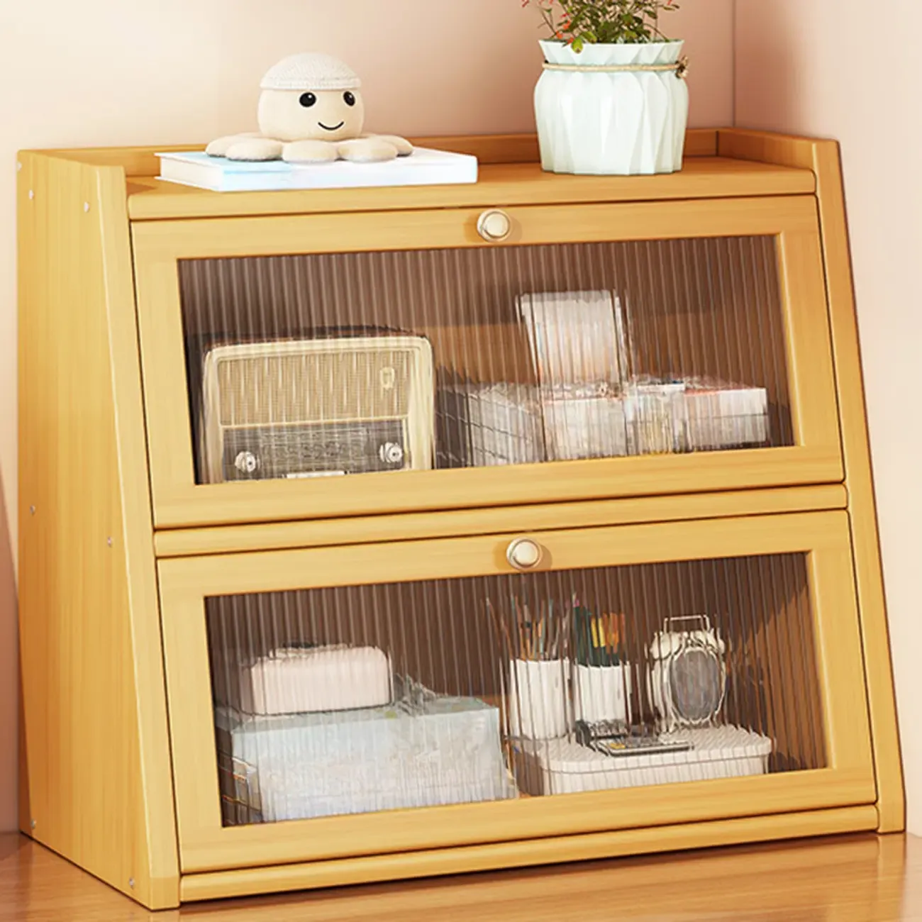Compact Wood Step Bookcase with Glass Doors Image - 5