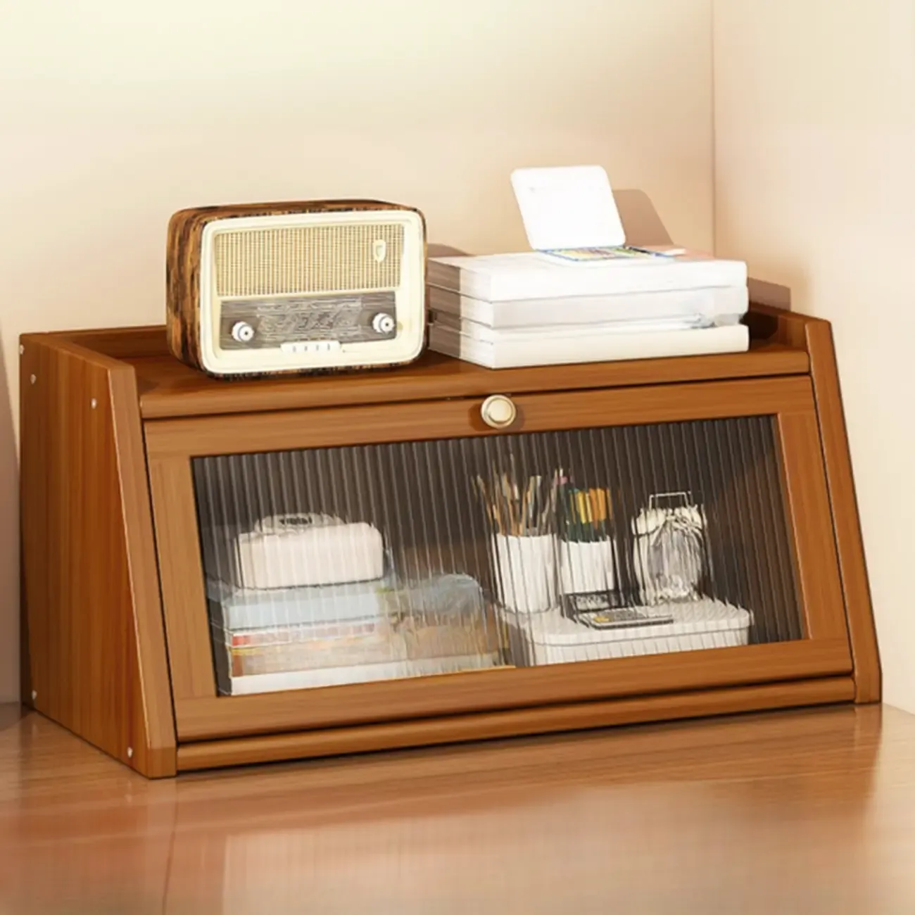 Compact Wood Step Bookcase with Glass Doors Image - 12