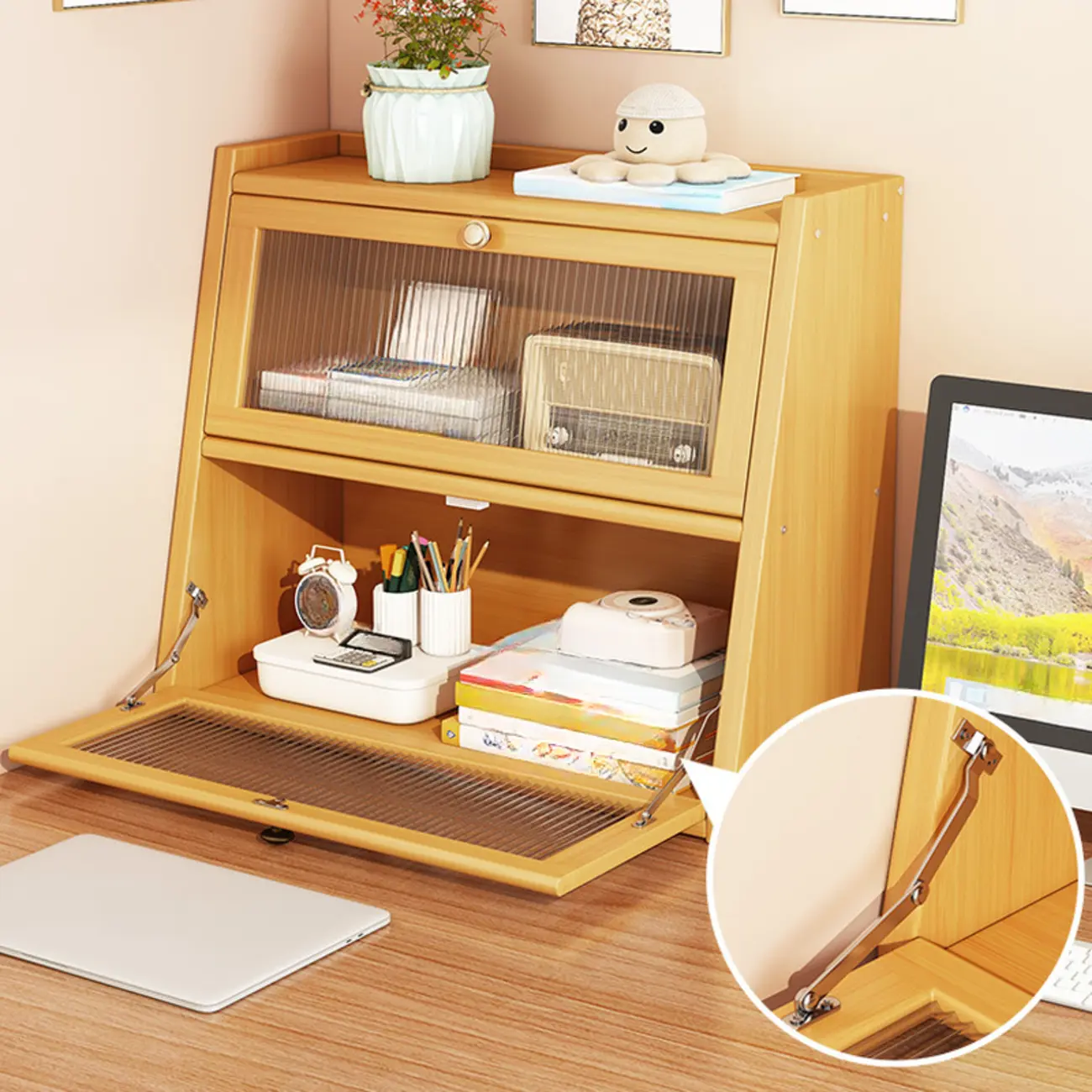 Compact Wood Step Bookcase with Glass Doors Image - 13 | homeyfad