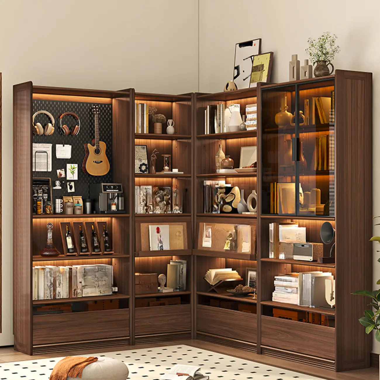 Brown 5-Shelf Wooden Glass Door Bookcase Image - 2 | homeyfad