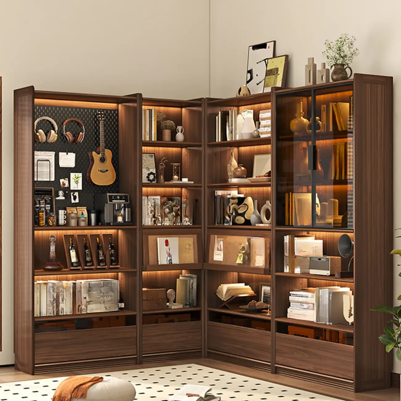 Brown 5-Shelf Wooden Glass Door Bookcase Image - 2