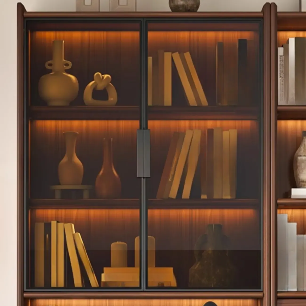 Brown 5-Shelf Wooden Glass Door Bookcase Image - 5