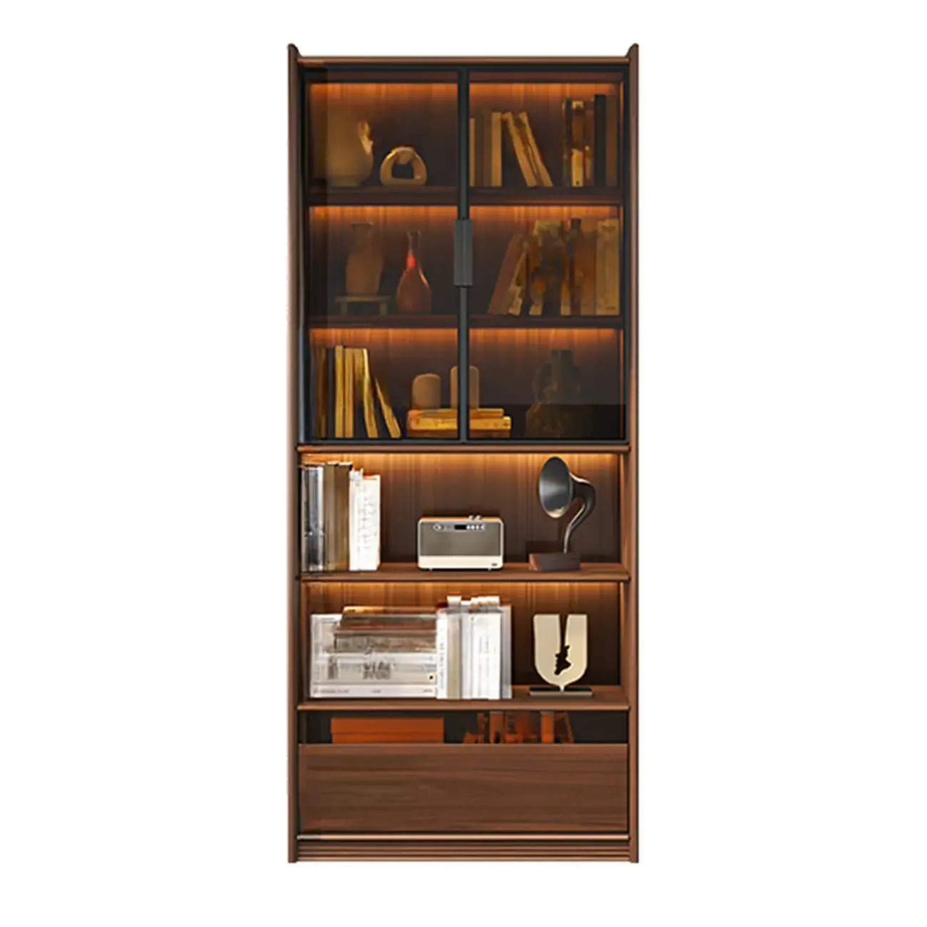 Brown 5-Shelf Wooden Glass Door Bookcase Image - 8