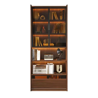 Brown 5-Shelf Wooden Glass Door Bookcase Image - 8