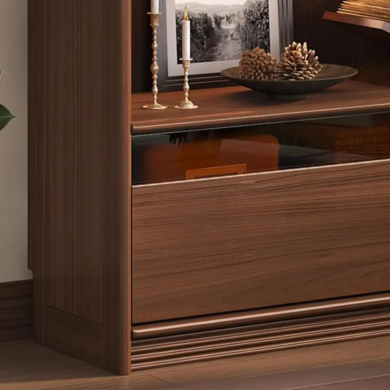 Brown 5-Shelf Wooden Glass Door Bookcase Image - 9