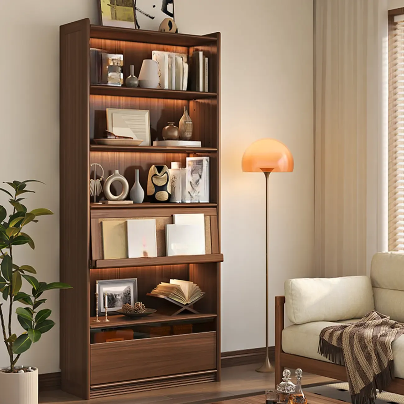 Brown 5-Shelf Wooden Glass Door Bookcase Image - 10
