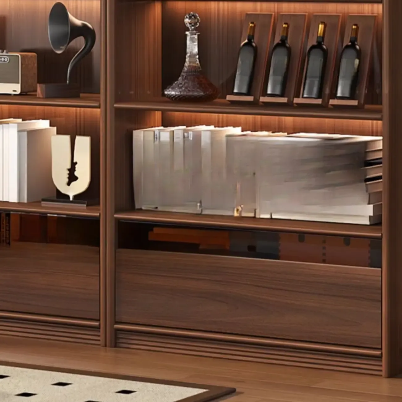 Brown 5-Shelf Wooden Glass Door Bookcase Image - 12