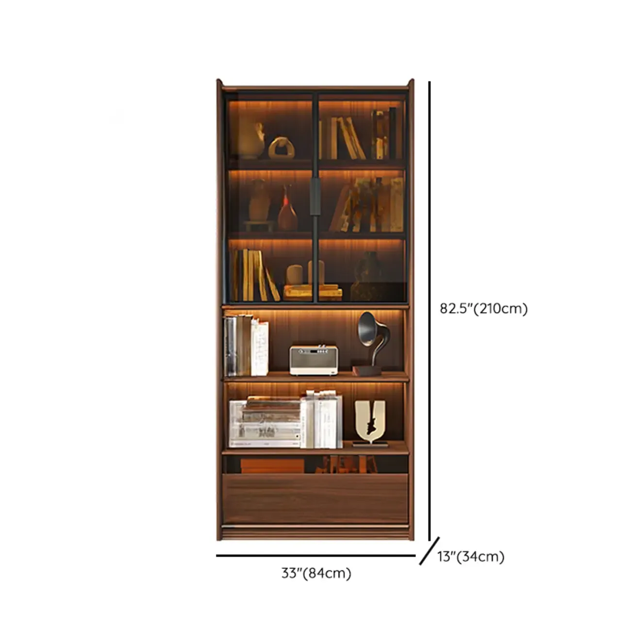 Brown 5-Shelf Wooden Glass Door Bookcase Image - 16