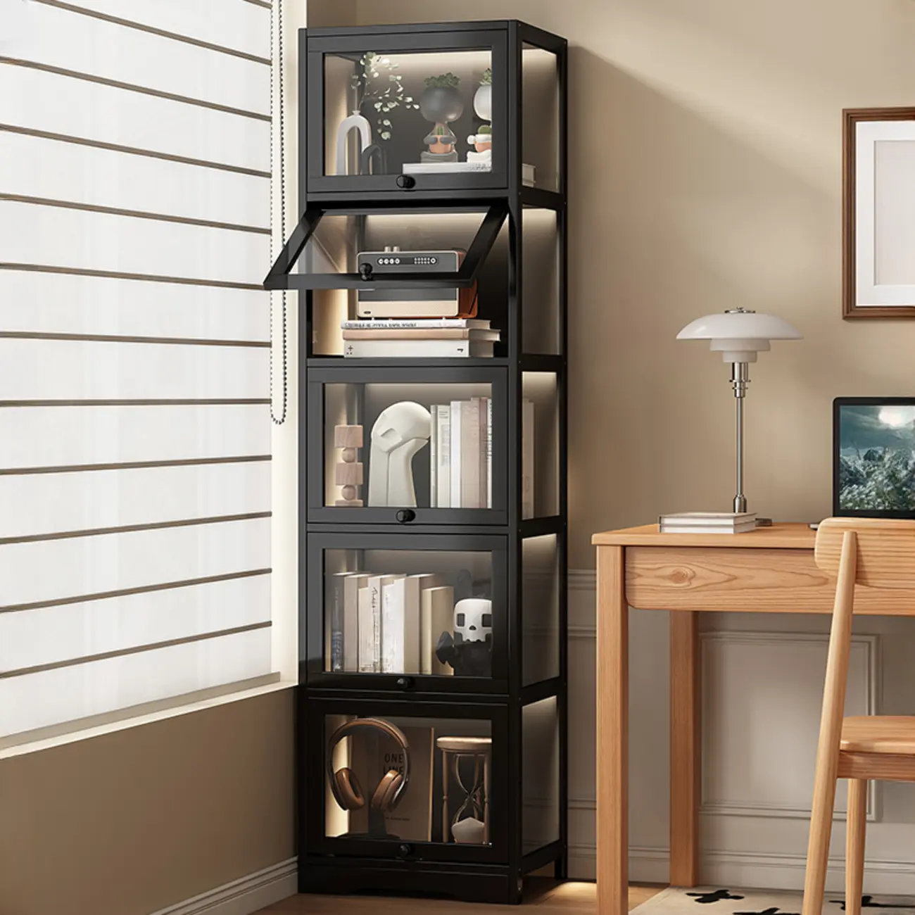 Black/White Bamboo 5-Tier Bookcase with Glass Doors Image - 1 | homeyfad