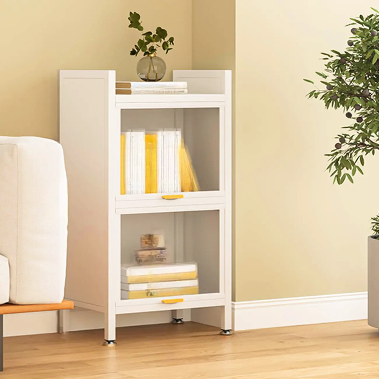 4-Tier Modern White Metal Bookcase with Glass Doors Image - 3 | homeyfad