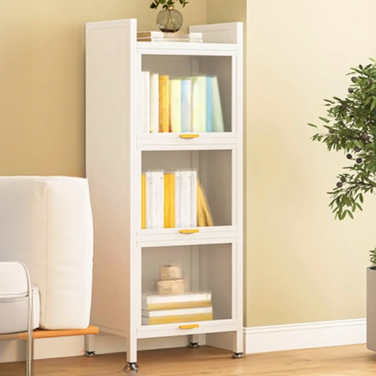 4-Tier Modern White Metal Bookcase with Glass Doors Image - 5 | homeyfad