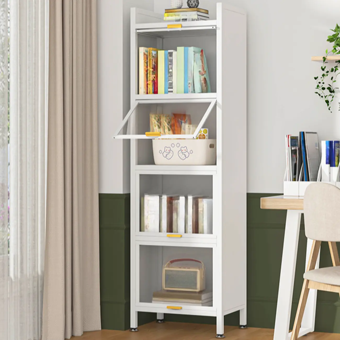 4-Tier Modern White Metal Bookcase with Glass Doors Image - 2 | homeyfad