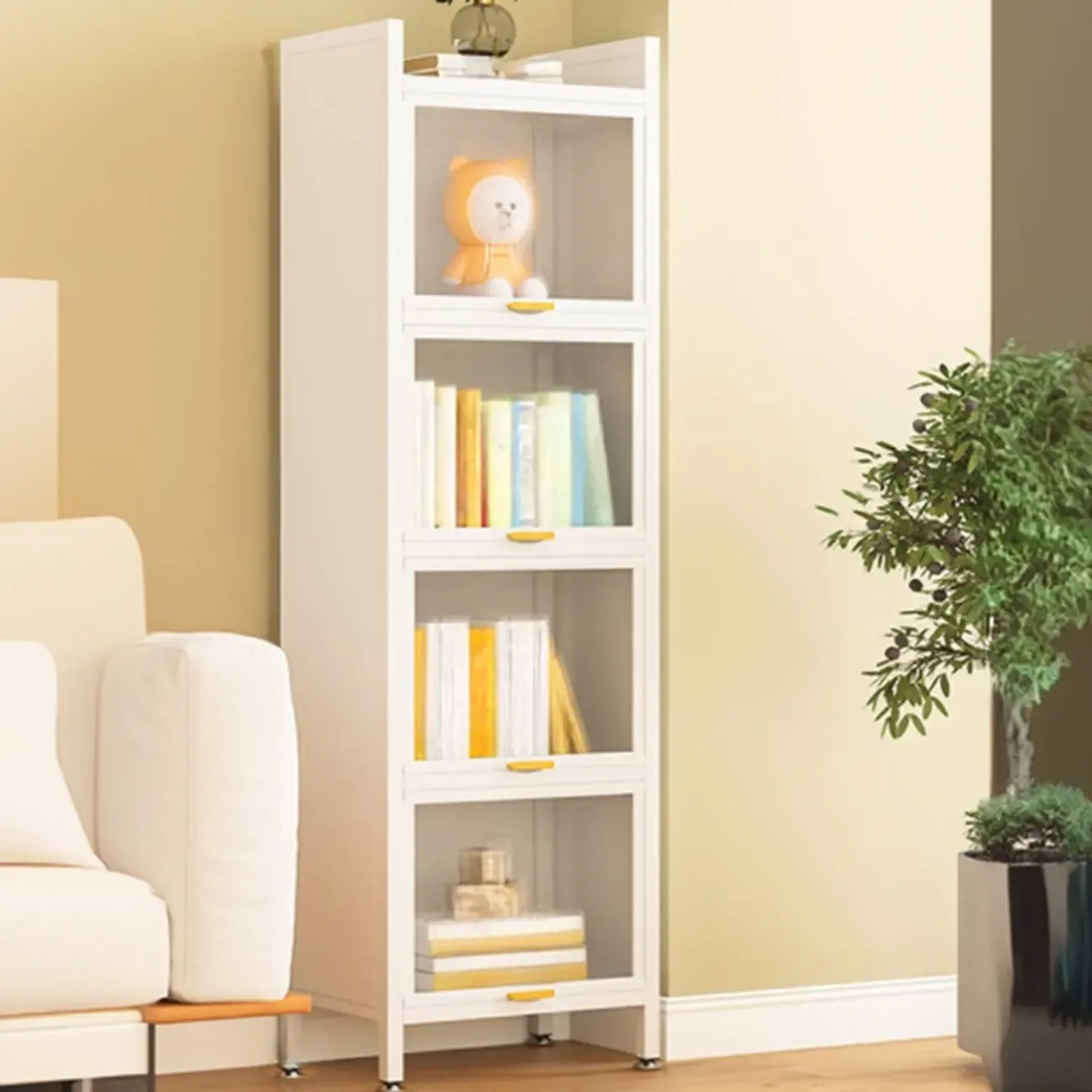 4-Tier Modern White Metal Bookcase with Glass Doors Image - 6