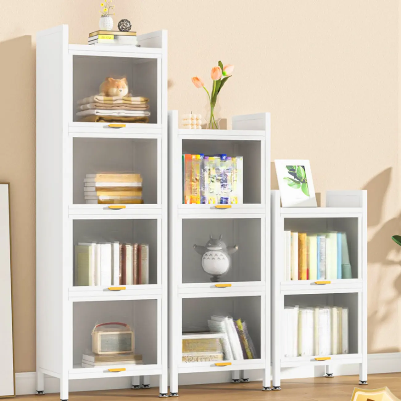 4-Tier Modern White Metal Bookcase with Glass Doors Image - 1 | homeyfad