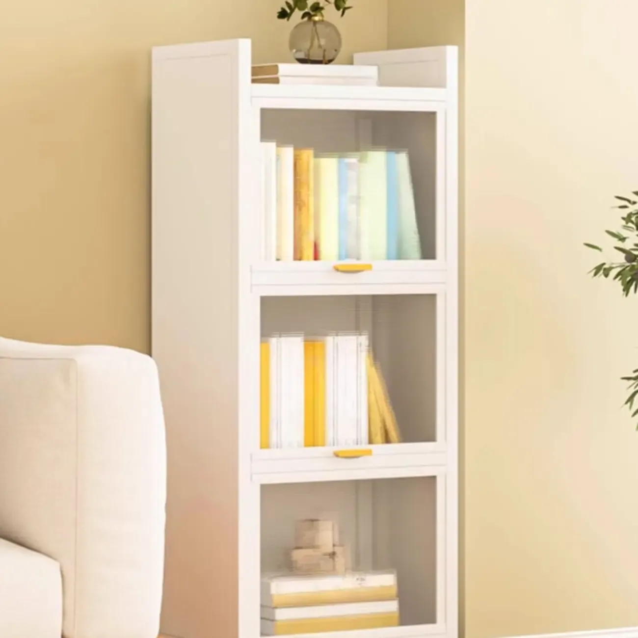 4-Tier Modern White Metal Bookcase with Glass Doors Image - 11