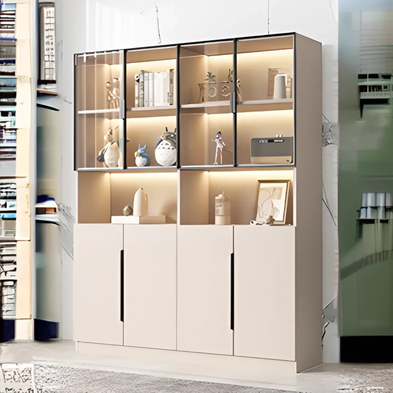 White Wooden Glass Door Display Storage Bookcase Image - 2