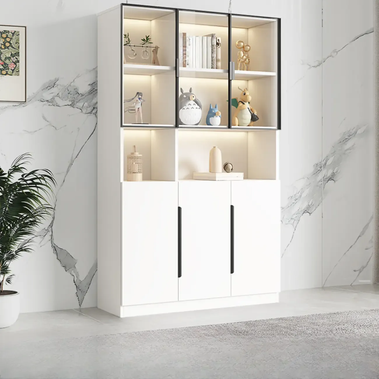 White Wooden Glass Door Display Storage Bookcase Image - 5