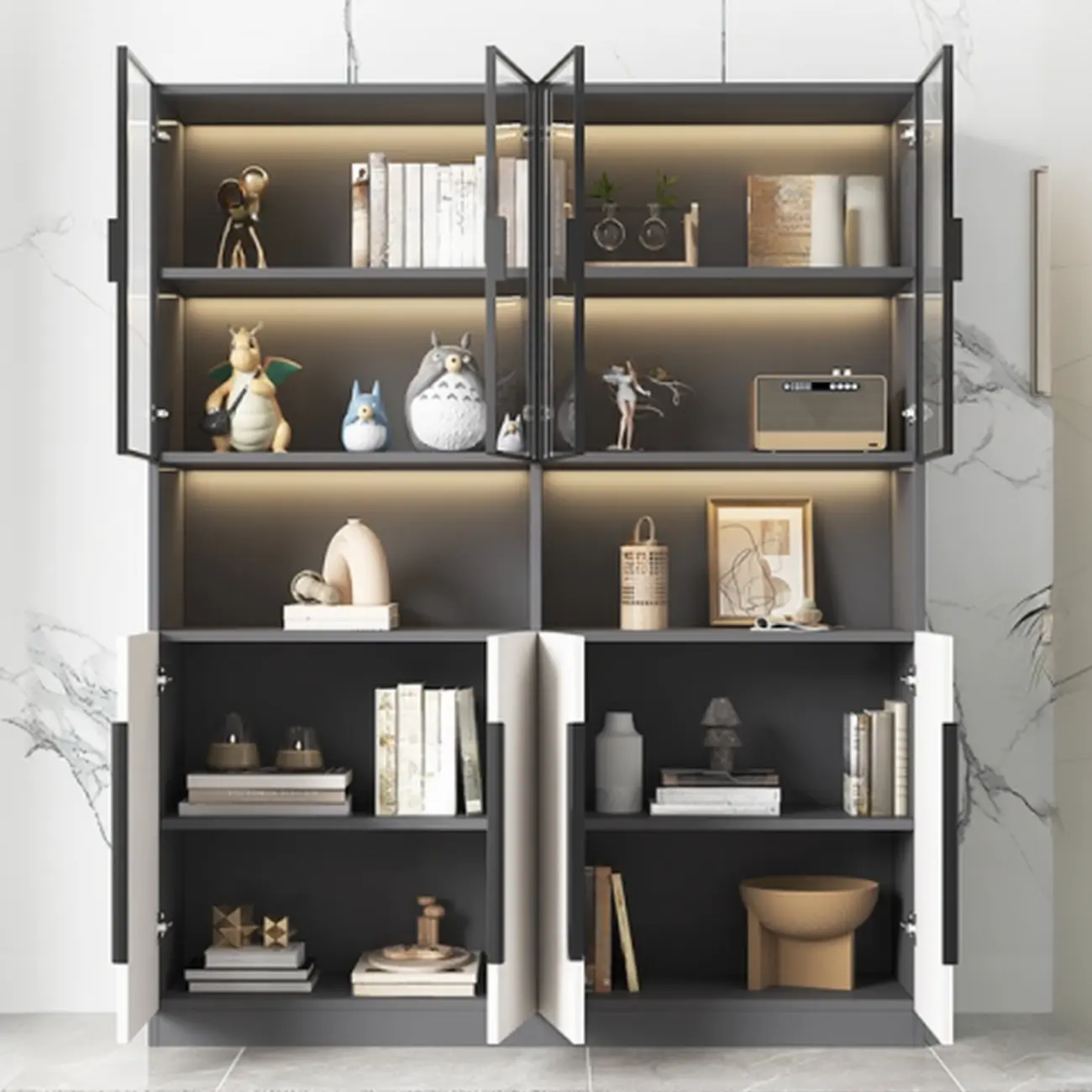 White Wooden Glass Door Display Storage Bookcase Image - 6 | homeyfad