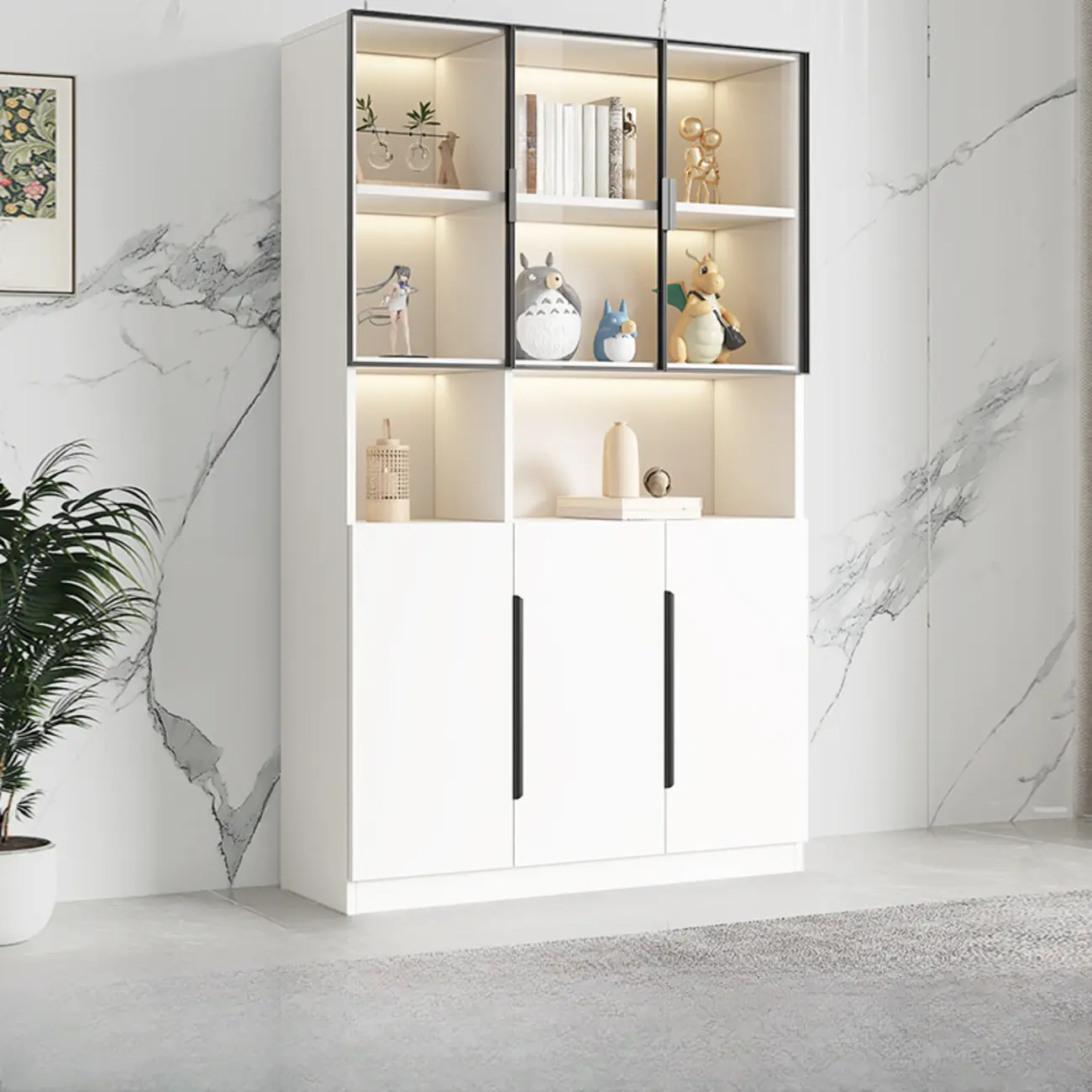 White Wooden Glass Door Display Storage Bookcase Image - 7 | homeyfad