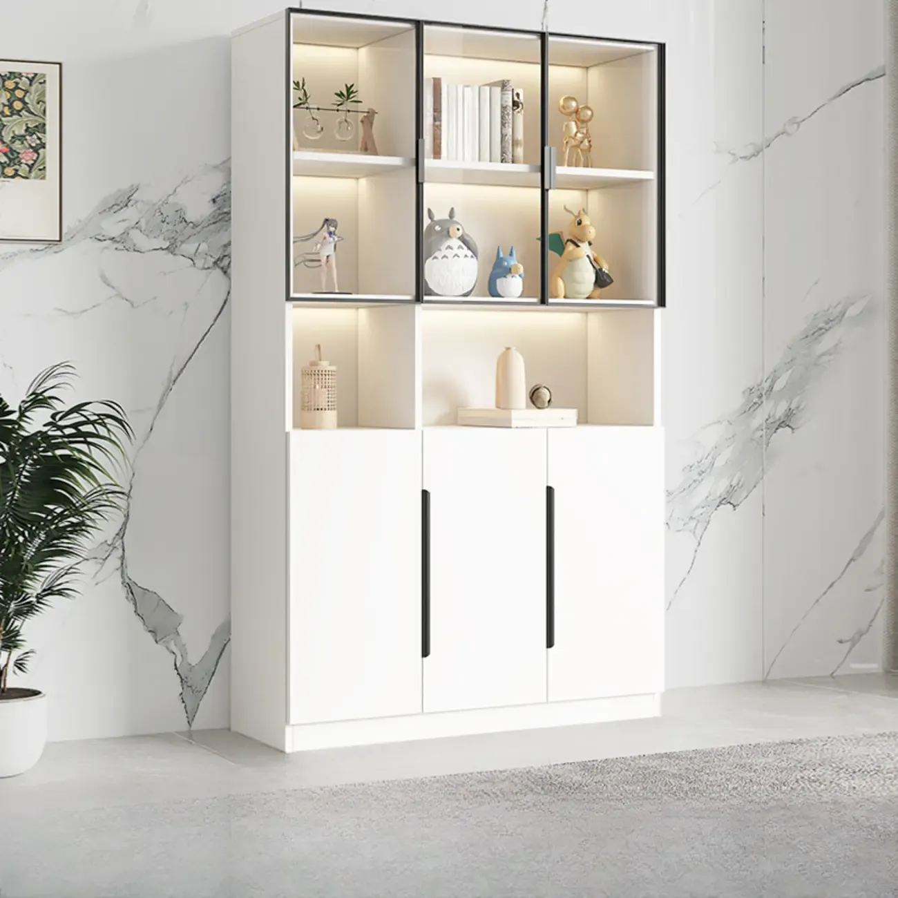 White Wooden Glass Door Display Storage Bookcase Image - 7