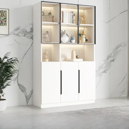 White Wooden Glass Door Display Storage Bookcase Image - 7