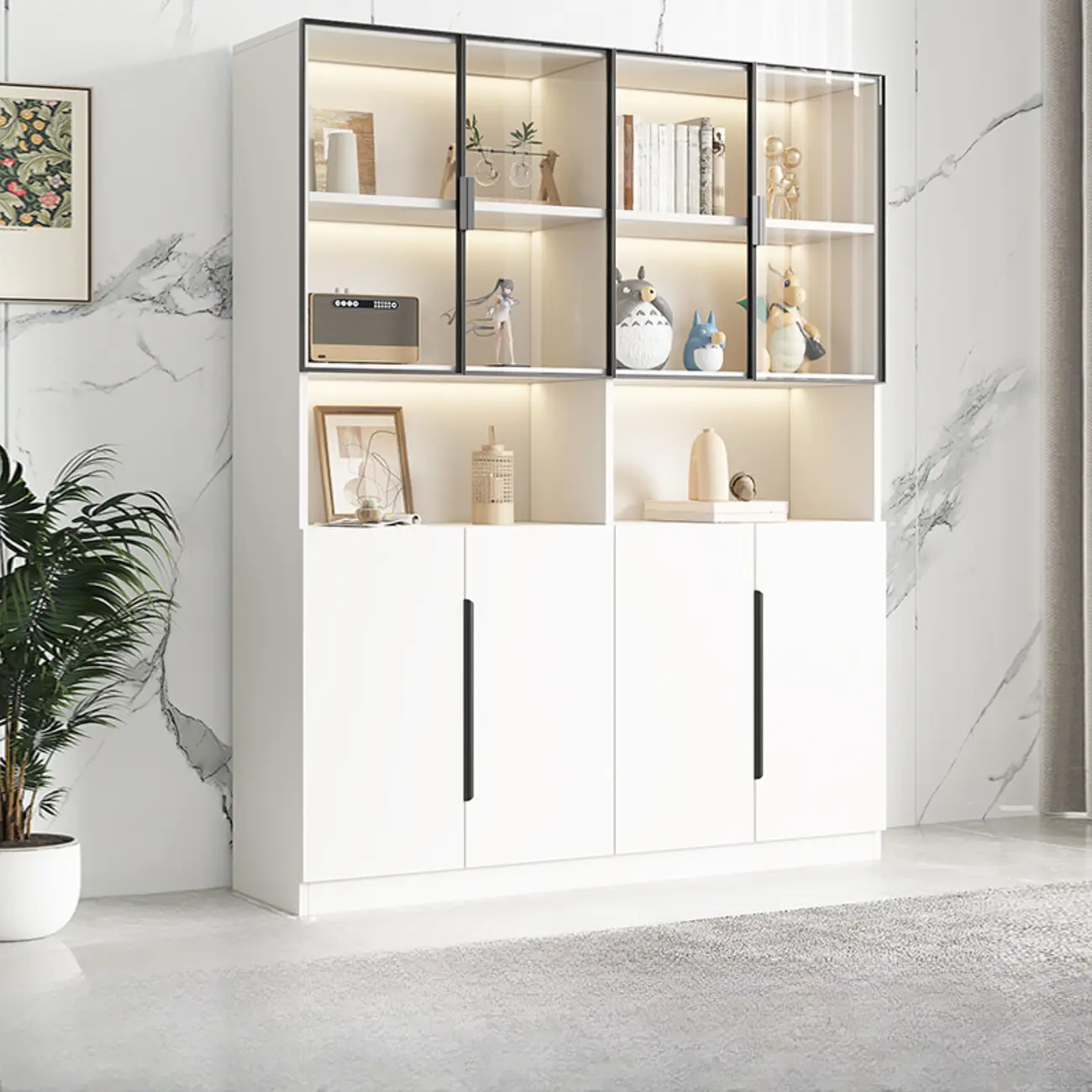 White Wooden Glass Door Display Storage Bookcase Image - 9 | homeyfad