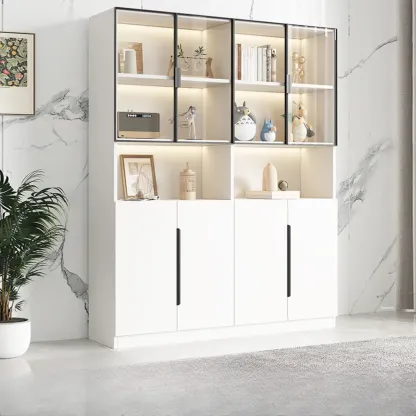 White Wooden Glass Door Display Storage Bookcase Image - 9
