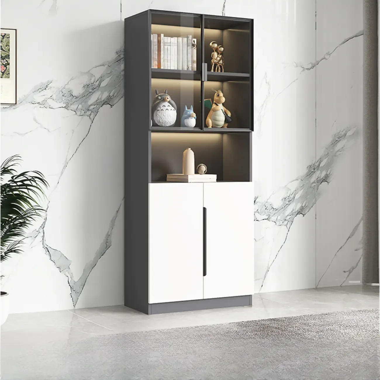 White Wooden Glass Door Display Storage Bookcase Image - 13