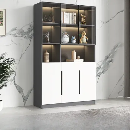 White Wooden Glass Door Display Storage Bookcase Image - 14