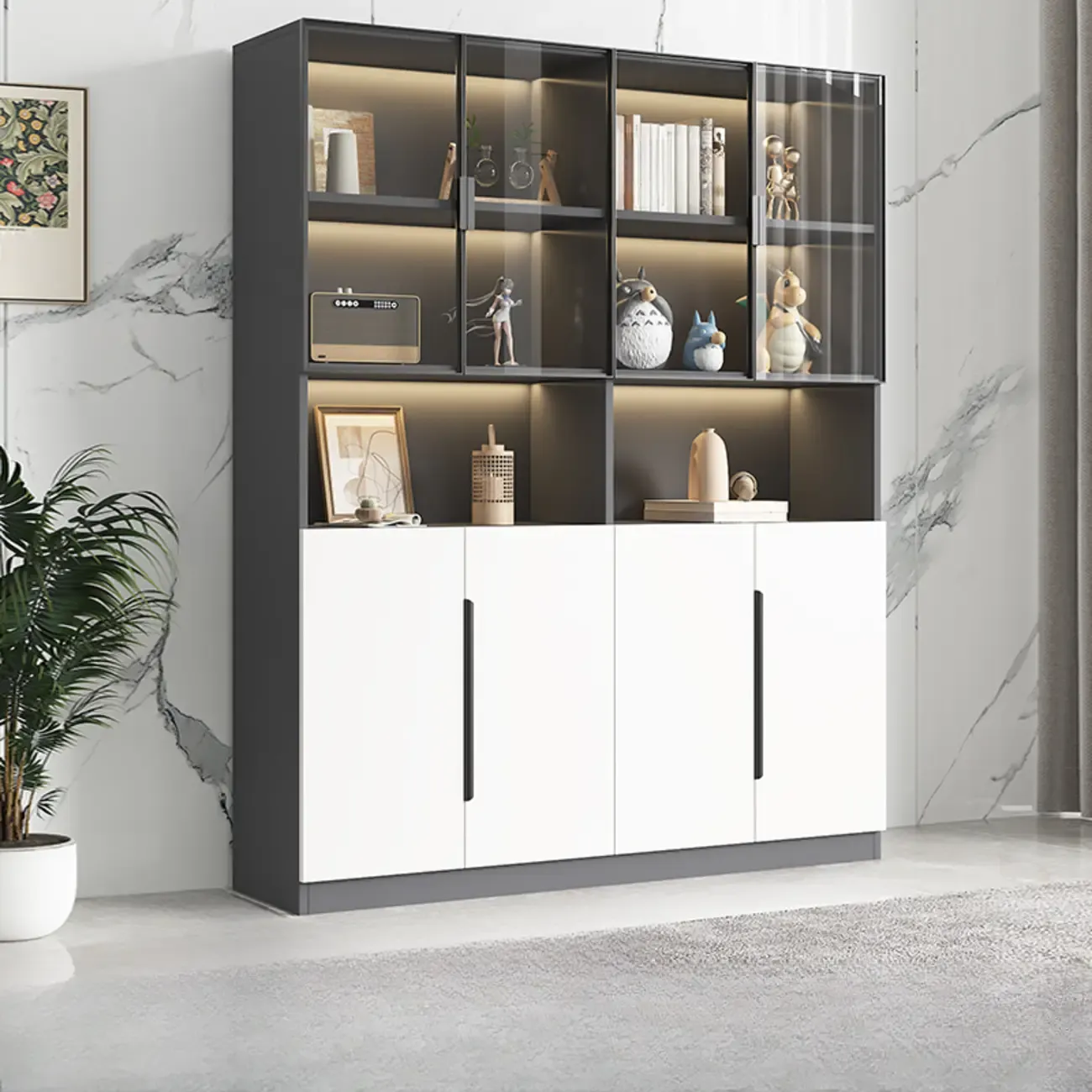 White Wooden Glass Door Display Storage Bookcase Image - 16