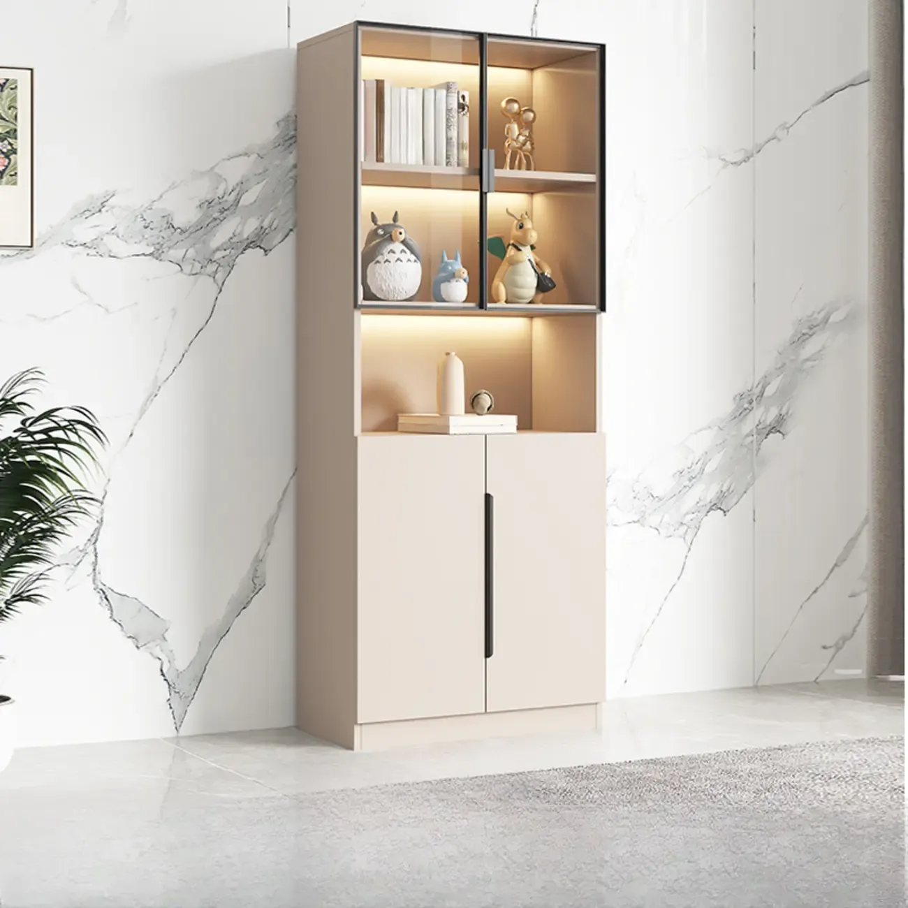 White Wooden Glass Door Display Storage Bookcase Image - 18