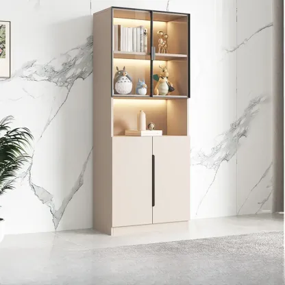 White Wooden Glass Door Display Storage Bookcase Image - 18