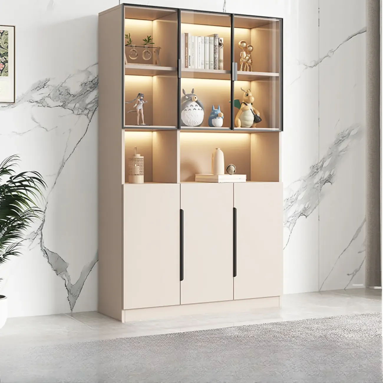 White Wooden Glass Door Display Storage Bookcase Image - 20