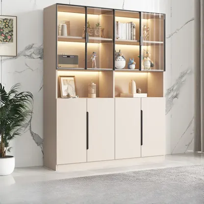 White Wooden Glass Door Display Storage Bookcase Image - 21