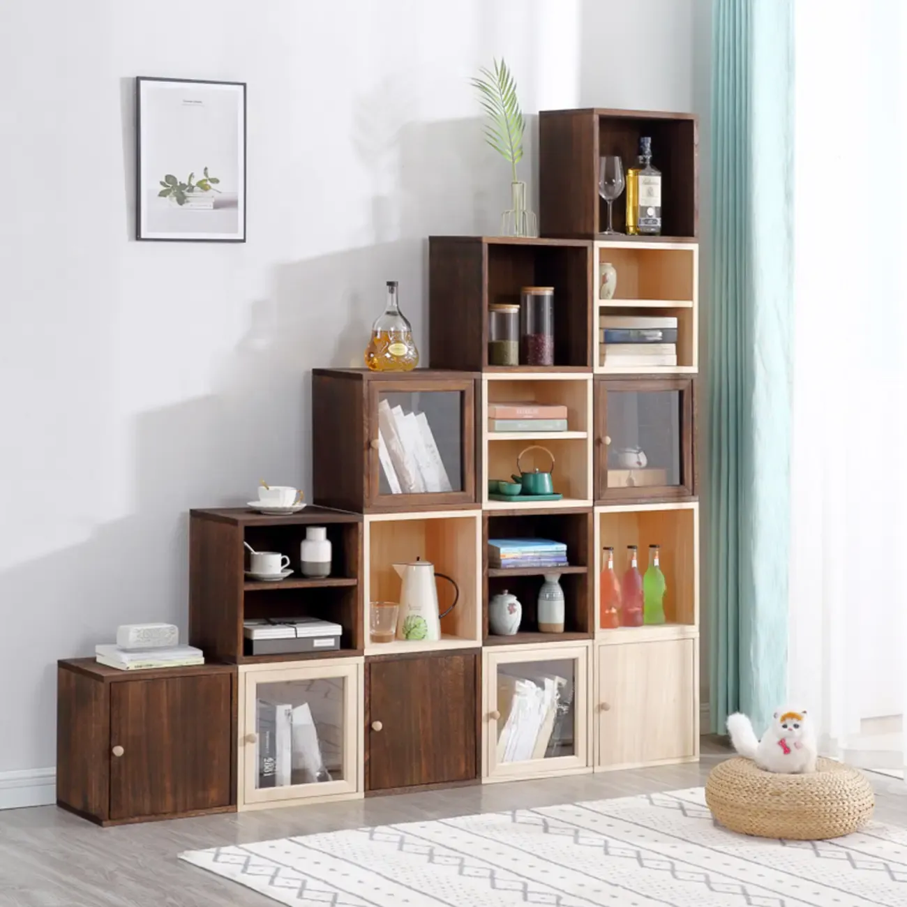 Narrow Modular Wooden Cube Bookcase with Doors Image - 1