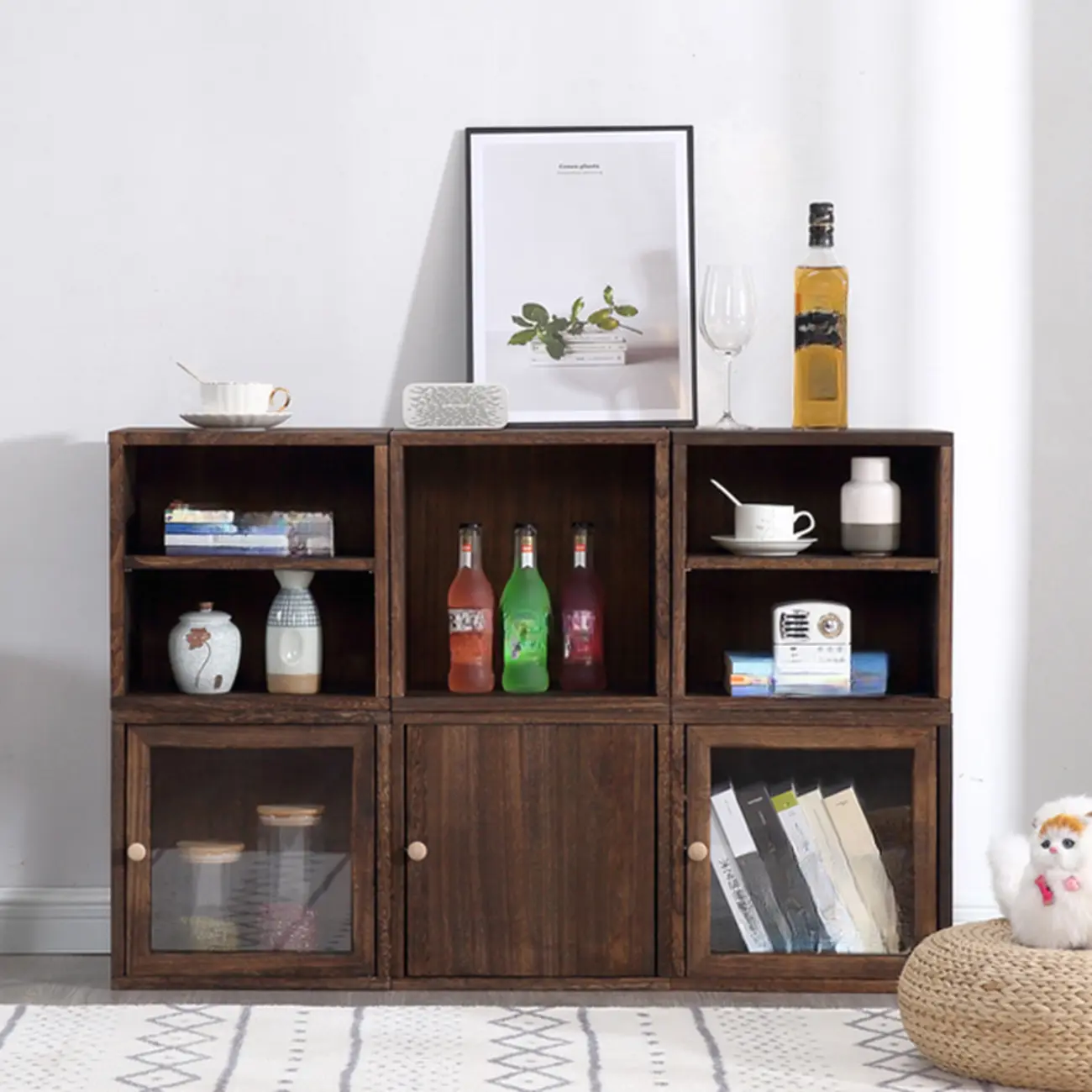 Narrow Modular Wooden Cube Bookcase with Doors Image - 4 | homeyfad