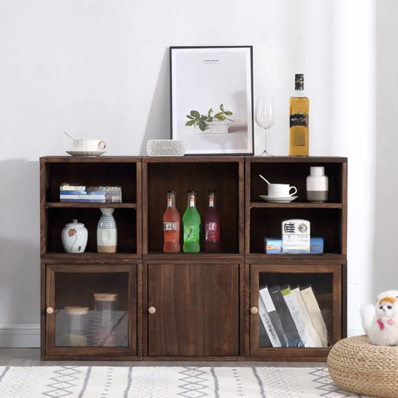 Narrow Modular Wooden Cube Bookcase with Doors Image - 4