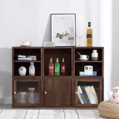 Narrow Modular Wooden Cube Bookcase with Doors Image - 4