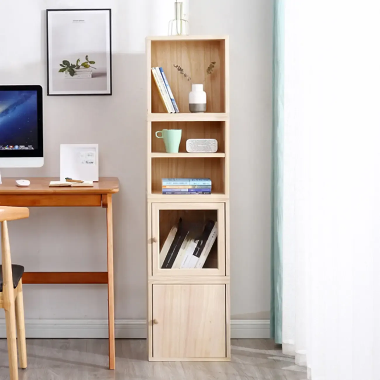 Narrow Modular Wooden Cube Bookcase with Doors Image - 6