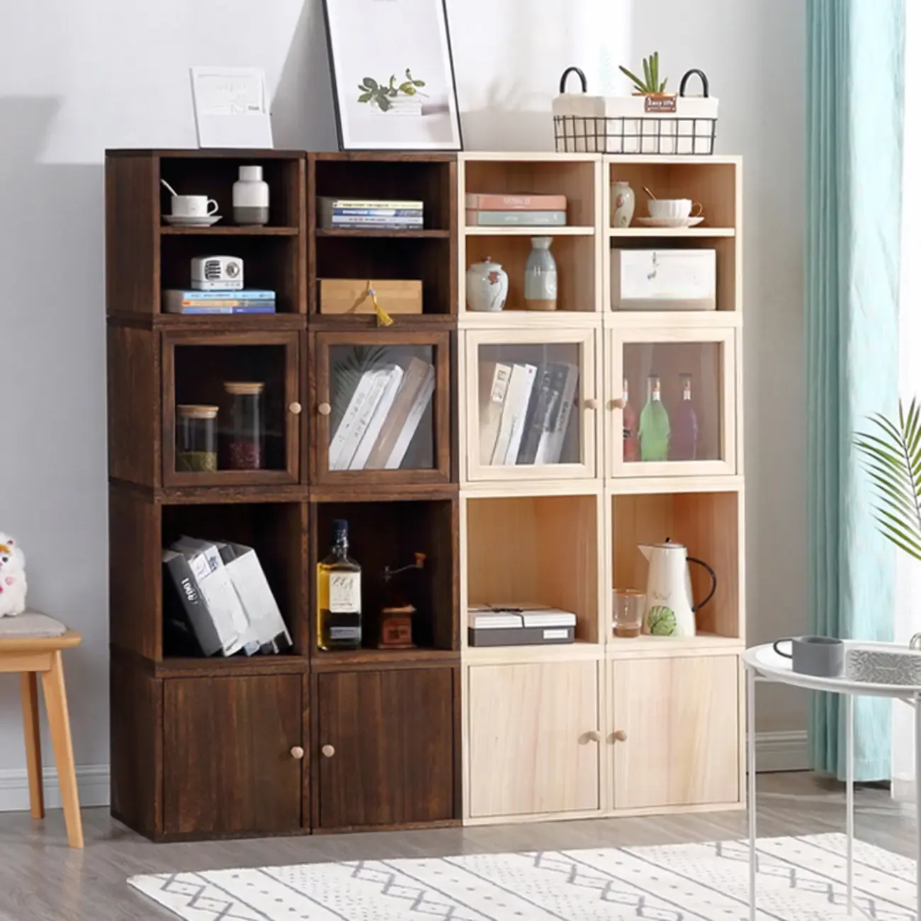 Narrow Modular Wooden Cube Bookcase with Doors Image - 8