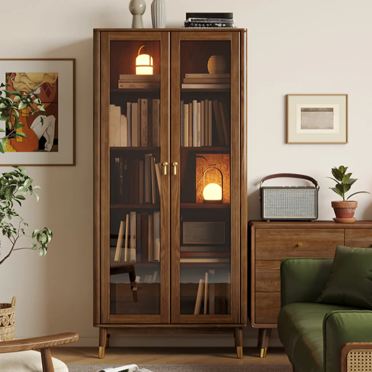 5-Tier Brown Ash Wood Glass Door Bookcase Image - 1 | homeyfad