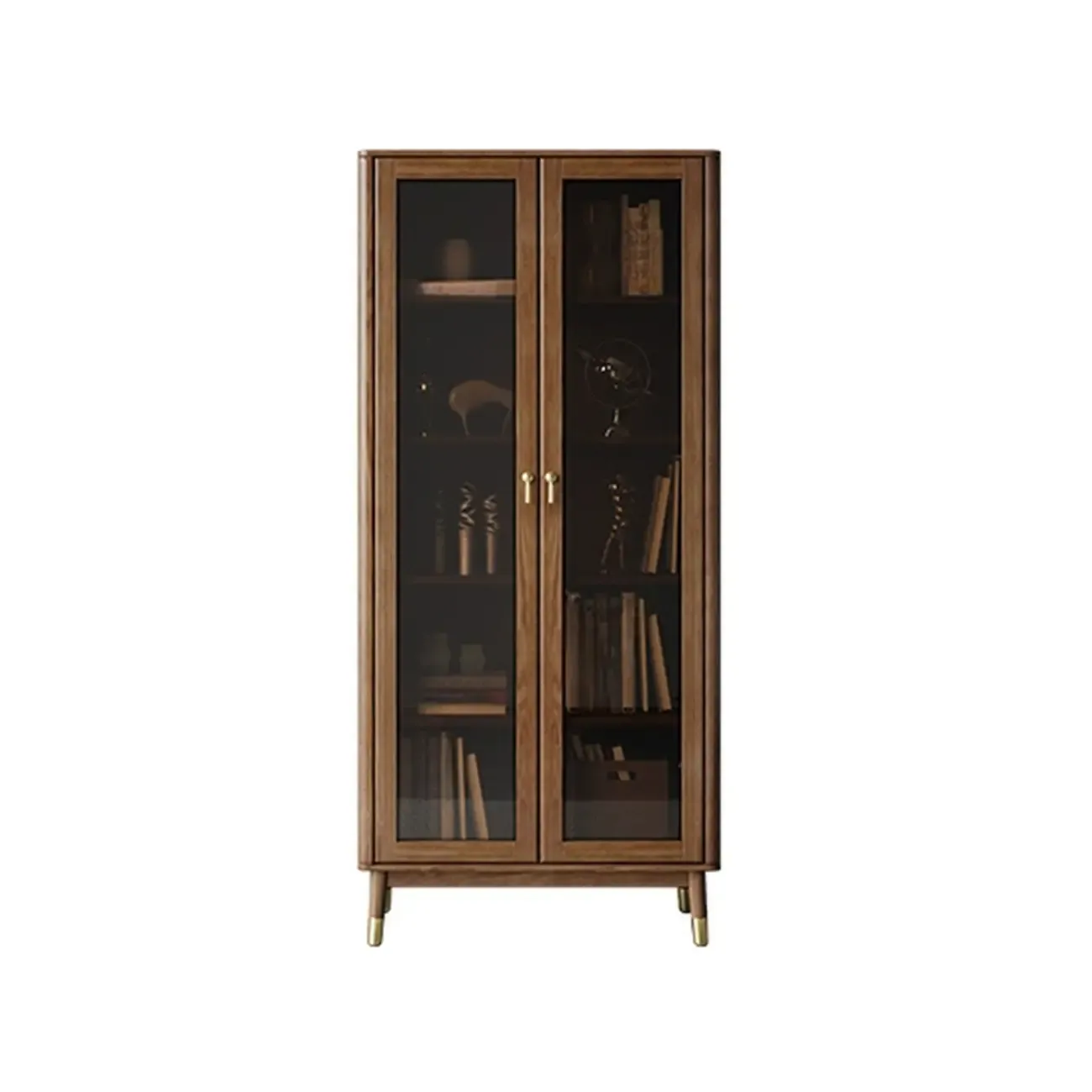 5-Tier Brown Ash Wood Glass Door Bookcase Image - 2