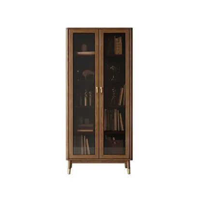 5-Tier Brown Ash Wood Glass Door Bookcase Image - 2