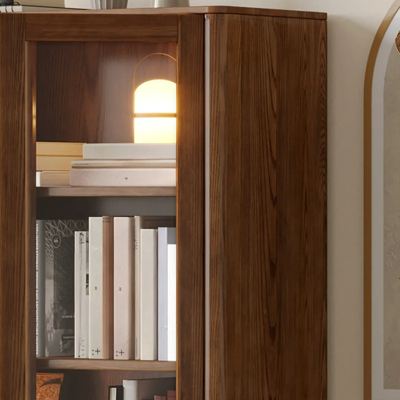 5-Tier Brown Ash Wood Glass Door Bookcase Image - 3