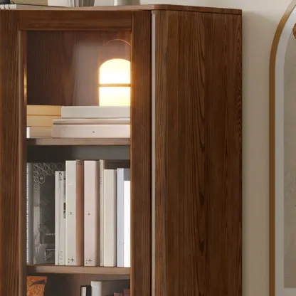 5-Tier Brown Ash Wood Glass Door Bookcase Image - 3