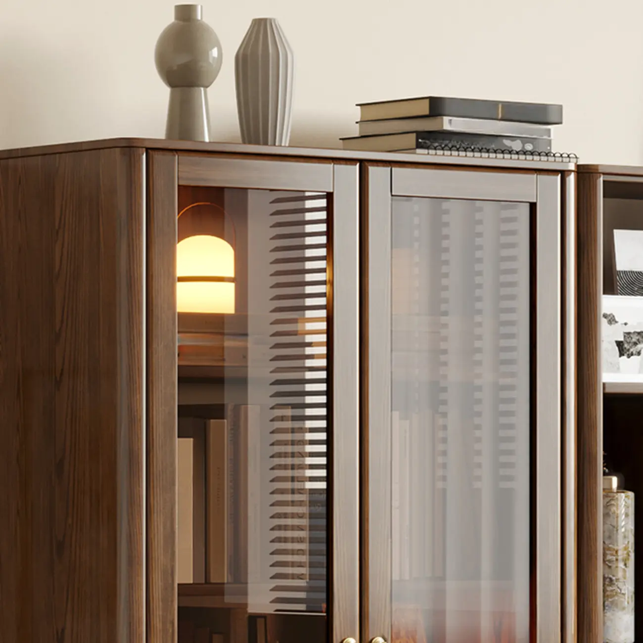 5-Tier Brown Ash Wood Glass Door Bookcase Image - 4 | homeyfad