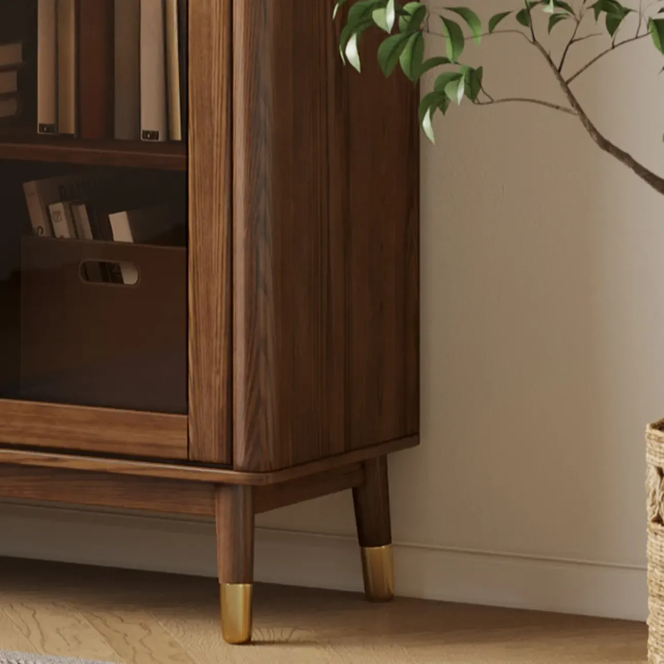 5-Tier Brown Ash Wood Glass Door Bookcase Image - 6