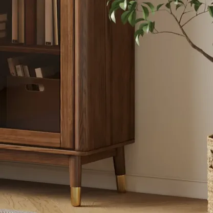 5-Tier Brown Ash Wood Glass Door Bookcase Image - 6