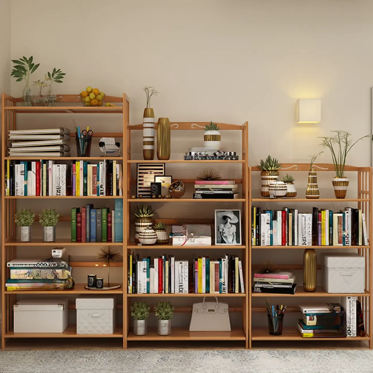 Elegant Nutural Bamboo Vertical Open Back Bookcase Image - 3